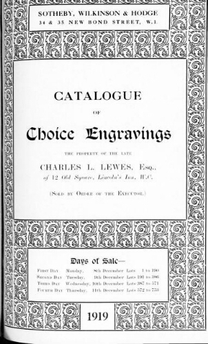 Catalogue of choice engravings, including early English and French line portraits, and engravings, etchings and woodcuts [...] : [vente du 8 décembre 1919]