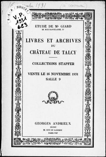 Livres et archives du château de Talcy, collections Stapfer : [vente du 16 novembre 1931]