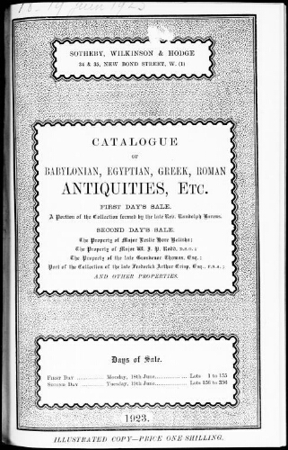 Catalogue of Babylonian, Egyptian, Greek, Roman antiquities, etc. [...] : [vente des 18 et 19 juin 1923]