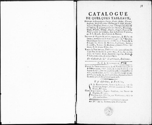 Catalogue de quelques tableaux [...] : [vente du 8 octobre 1795]