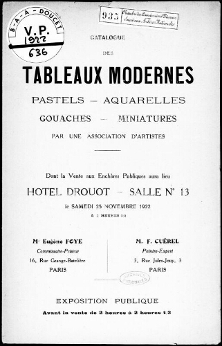 Catalogue des tableaux modernes, pastels, aquarelles, gouaches, miniatures, par une association d'artistes : [vente du 25 novembre 1922]