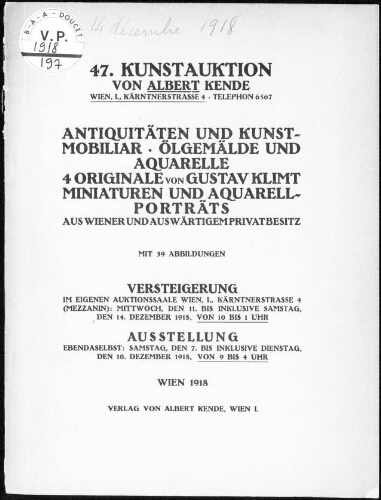 Antiquitäten und Kunstmobiliar, Ölgemälde und Aquarelle […] : [vente du 11 au 14 décembre 1918]