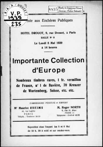Importante collection d'Europe, nombreux timbres rares […] : [vente du 8 mai 1939]