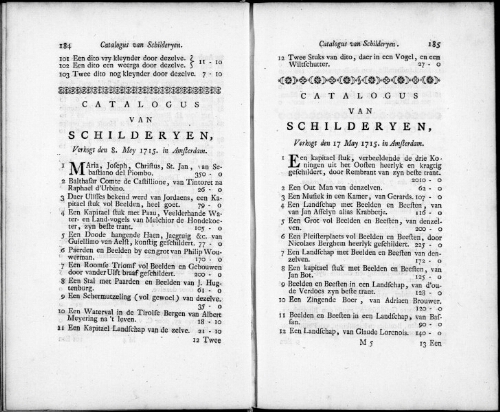 Catalogus van Schilderyen [...] : [vente du 8 mai 1715]