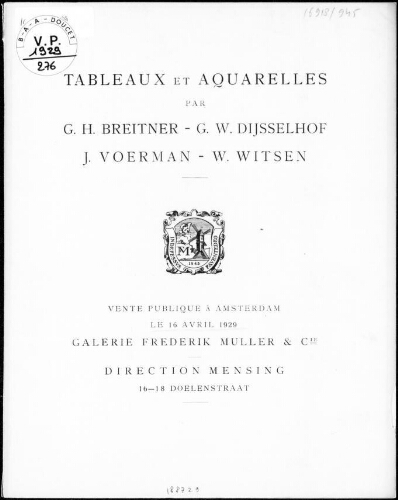 Tableaux et aquarelles par G. H. Breitner, G. W. Dijsselhof, J. Voerman, W. Witsen : [vente du 16 avril 1929]