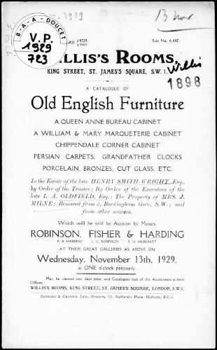Catalogue of old English furniture [...] in the estate of the late Henry Smith-Wright [...] : [vente du 13 novembre 1929]