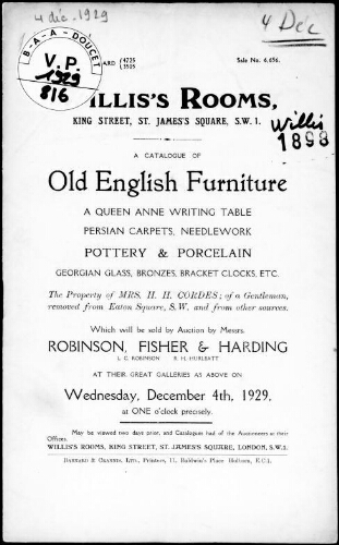 Catalogue of old English furniture [...], the property of Mrs. H. H. Cordes [...] : [vente du 4 décembre 1929]
