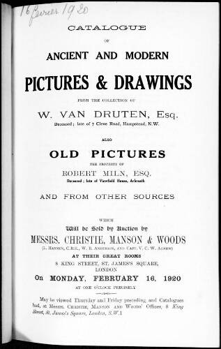 Catalogue of ancient and modern pictures et drawings from the collections of W. Van Druten [...] : [vente du 16 février 1920]