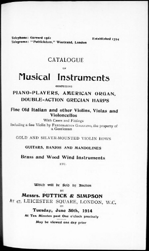 Catalogue of musical instruments […] : [vente du 30 juin 1914]