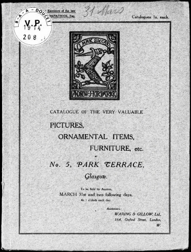 Catalogue of the very valuable pictures, ornamental items, furniture, etc. [...] : [vente du 31 mars 1914]