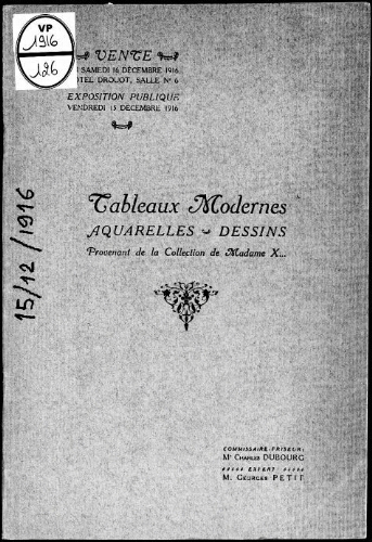 Catalogue des tableaux modernes, aquarelles, dessins […] : [vente du 16 décembre 1916]