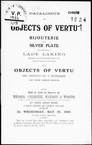 Catalogue of objects of vertu, bijouterie and silver plate, the property of Lady Laking [...] : [vente du 28 mai 1924]