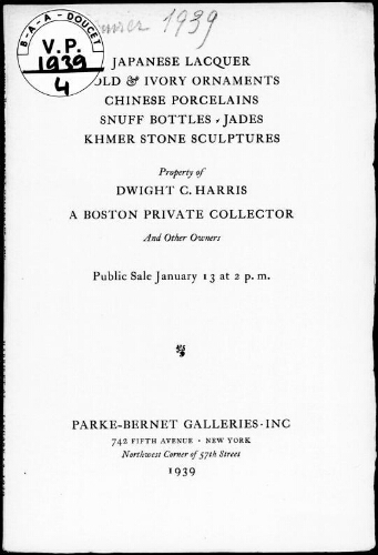 Important Japanese lacquer, gold and ivroy ornaments, fine Chinese jade and other mineral carvings […] : [vente du 13 janvier 1939]