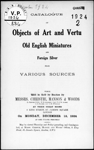 Catalogue of objects of art and vertu, old English miniatures and foreign silver, from various sources [...] : [vente du 15 décembre 1924]