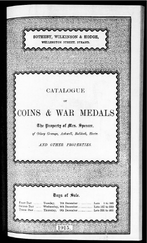 Catalogue of a valuable collection of Greek, Roman, Anglo-Saxon, English, Scottish and foreign coins, medals […] : [vente du 7 décembre 1915]