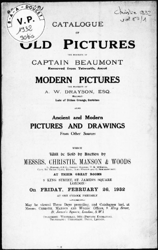 Catalogue of old pictures, the property of Captain Beaumont, removed from Tetworth, Ascot [...] : [vente du 26 février 1932]