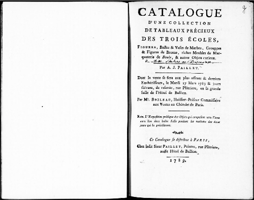Catalogue d’une collection de tableaux précieux des trois écoles, figures, bustes et vases de marbre [...] : [vente du 17 mars 1789]