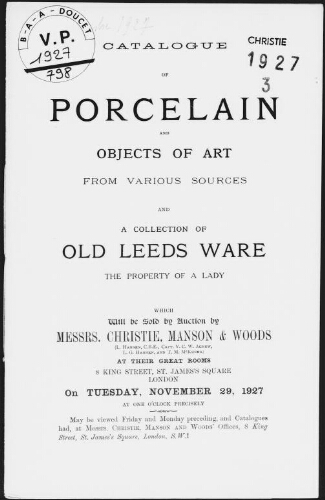 Catalogue of porcelain and objects of art from various sources, and a collection of old Leeds ware [...] : [vente du 29 novembre 1927]