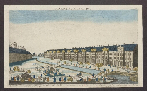 The buiheigs of the imperial colleges in St Petersburg on the leftside and the ware houses for merchants on yème right
