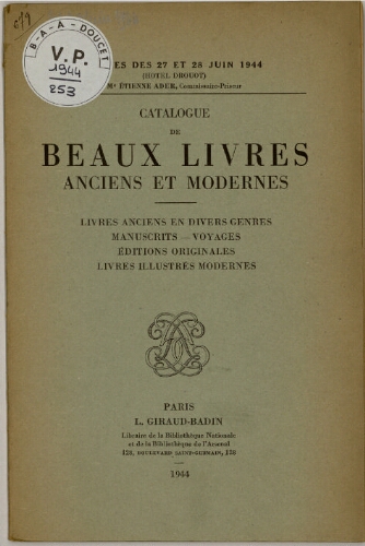 Catalogue de beaux livres anciens et modernes : [vente des 27 et 28 juin 1944]