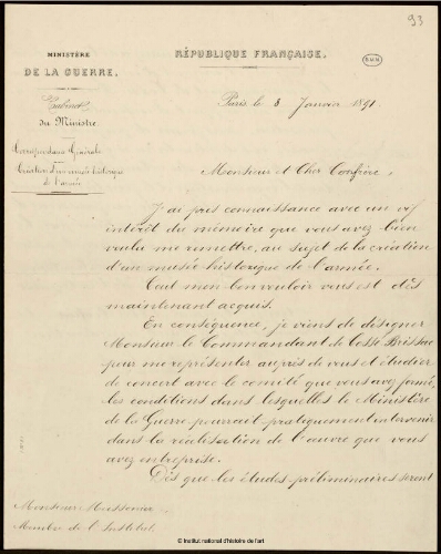 Lettre du Président du conseil, Ministre de la guerre à Jean-Louis-Ernest Meissonier, 8 janvier 1891