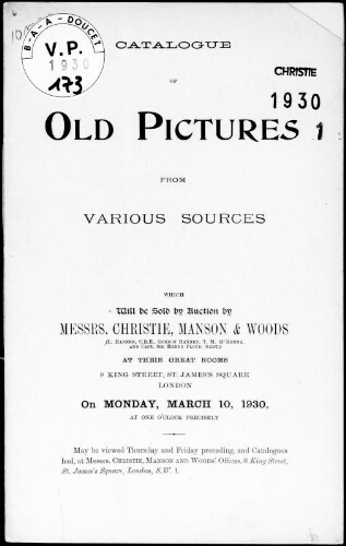 Catalogue of old pictures from various sources [...] : [vente du 10 mars 1930]