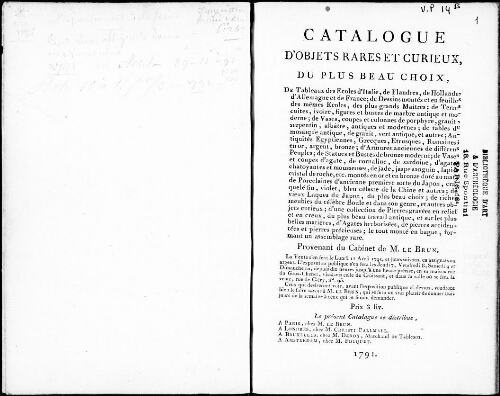 Catalogue d’objets rares et curieux, du plus beau choix, de tableaux [...] : [vente du 11 avril 1791]