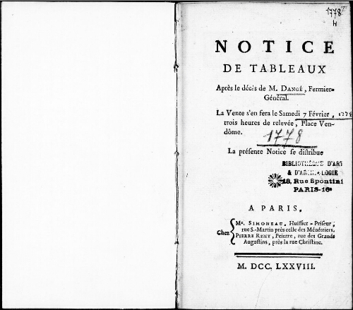 Notice de tableaux après le décès de M. Dangé, fermier général [...] : [vente du 7 février 1778]