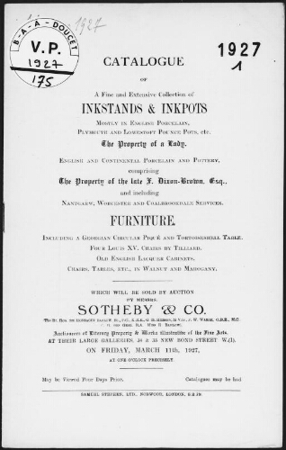 Catalogue of a fine and extensive collection of inkstands and inkpots [...] comprising the property of the late F. Dixon-Brown [...] : [vente du 11 mars 1927]