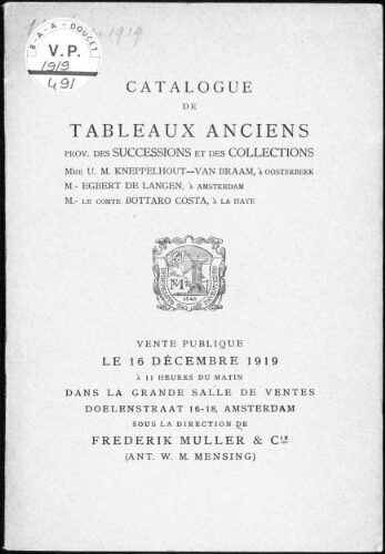 Catalogue de tableaux anciens [...] : [vente du 16 décembre 1919]
