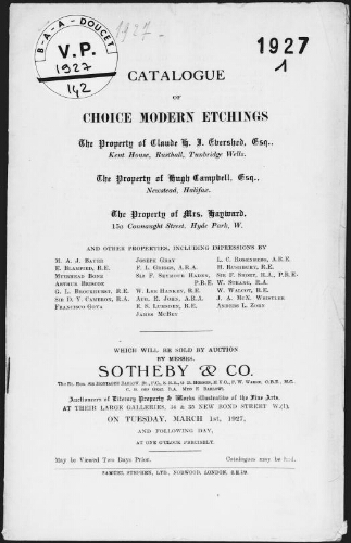 Catalogue of choice modern etchings, the property of Claude H. J. Evershed [...] : [vente du 1er mars 1927]
