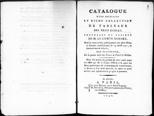 Catalogue d’une précieuse et riche collection de tableaux des trois écoles, provenant du cabinet de M. le comte d’Orsay [...] : [vente du 14 avril 1790]