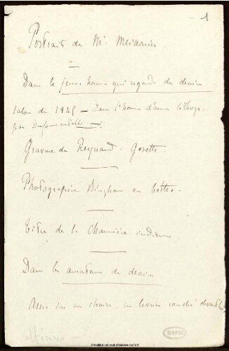 Notes manuscrites de Philippe Burty sur Jean-Louis-Ernest Meissonier