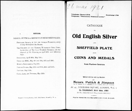 Catalogue of Old English Silver and Sheffield Plate, Also Coins and Medals from Various Sources [...] : [vente du 26 mai 1921]