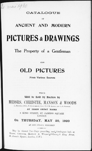 Catalogue of ancient and modern pictures and drawings the property of a gentleman [...] : [vente du 20 mai 1920]