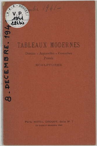 Tableaux modernes, dessins, aquarelles [...] : [vente du 8 décembre 1941]