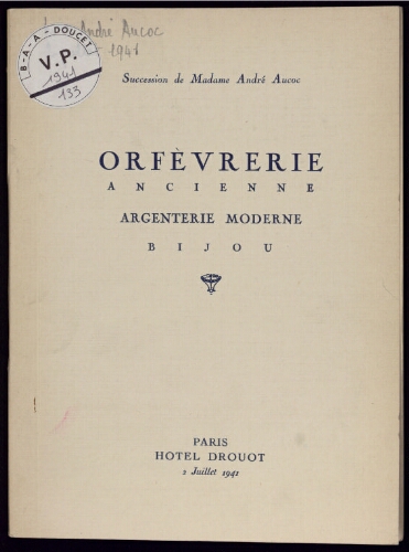 Succession de Madame André Aucoc [...] [1re vente] : [vente du 2 juillet 1941]