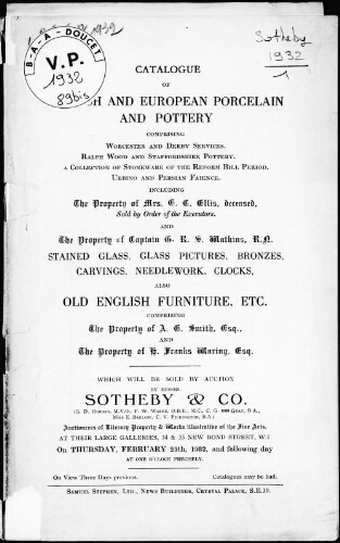 Catalogue of English and European porcelain and pottery [...], the property of Mrs. E. C. Ellis [...] : [vente des 25 et 26 février 1932]