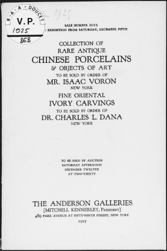 Collection of rare antique Chinese porcelains and objects of art, to be sold by order of Mr. Isaac Voron [...] : [vente du 12 décembre 1925]