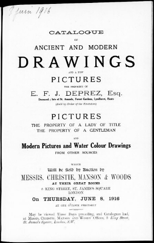 Catalogue of ancient and modern drawings and a few pictures […] : [vente du 8 juin 1916]