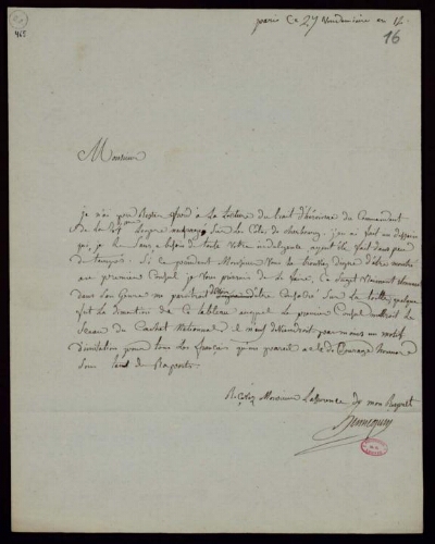 Philippe-Auguste Hennequin. Lettre autographe signée adressée à Denon