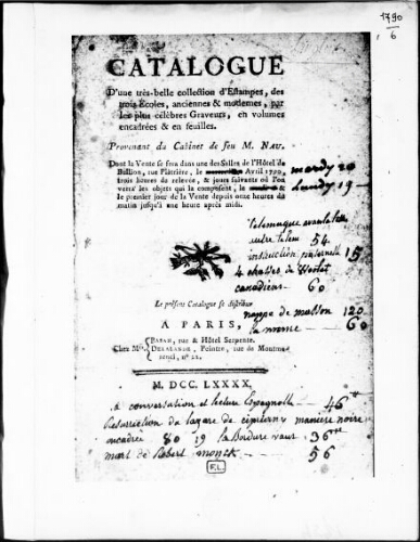 Catalogue d’une très belle collection d’estampes, des trois écoles, anciennes et modernes [...] : [vente du 20 avril 1790]