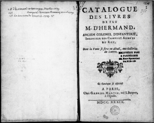 Catalogue des livres de feu M. d'Hermand [...] : [vente des 1er, 22 et 23 février 1739]