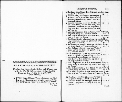 Catalogus van Schilderyen nagelaten door Vrouwe Jacoba Keiser, laast Weduwe van wylen den Wel Ed. Gestrenge Heer Nicolaas Hendrik Domis [...] : [vente du 2 juin 1766]