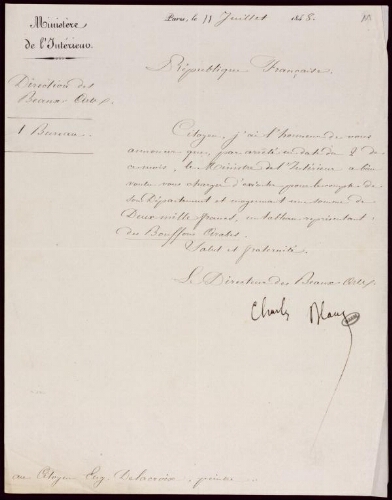 Lettre de Charles Blanc à Eugène Delacroix du 11 juillet 1848