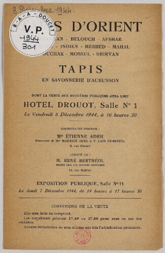 Tapis d'Orient [...] : [vente du 8 décembre 1944]