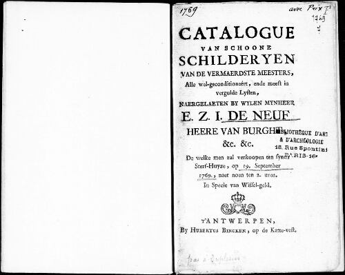 Catalogue van schoone Schilderyen van de vermaerdste Meesters [...] : [vente du 19 septembre 1769]