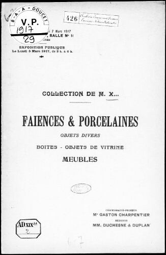 Catalogue des faïences et porcelaines anciennes et modernes […] : [vente des 6 et 7 mars 1917]
