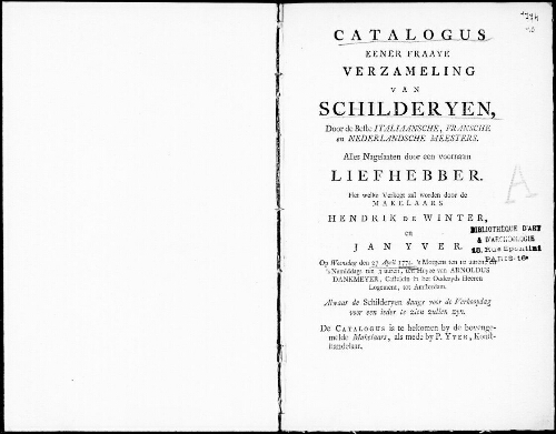 Catalogus eener fraaye verzameling van Schilderyen, door de beste Italiaansche, Fransche en Nederlandsche meesters [...] : [vente du 27 avril 1774]