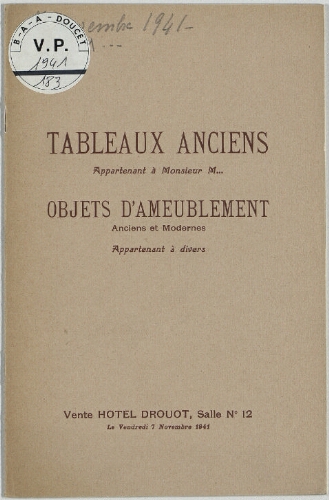Tableaux anciens appartenant à Monsieur M... [...] : [vente du 7 novembre 1941]